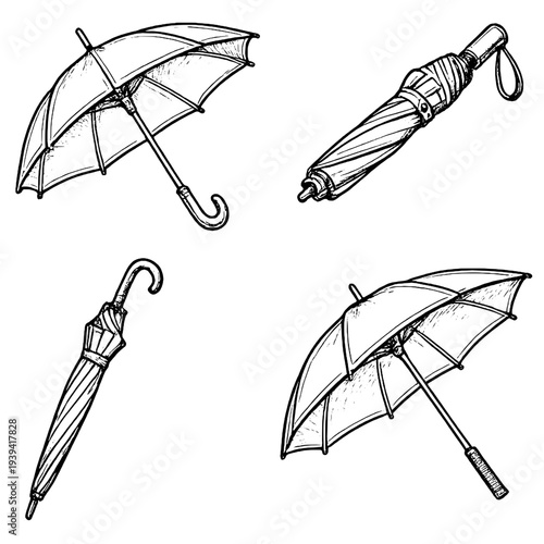 Hand drawn collection of classic umbrellas in open and closed positions featuring curved handles and elegant shapes. Perfect for themes of rain,weather protection, outdoor travel,and daily accessories