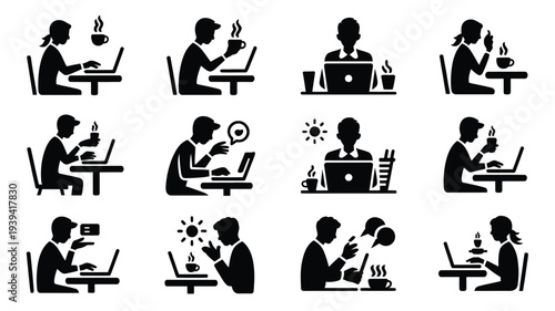 Vector icons of people working on laptops in various office settings and poses