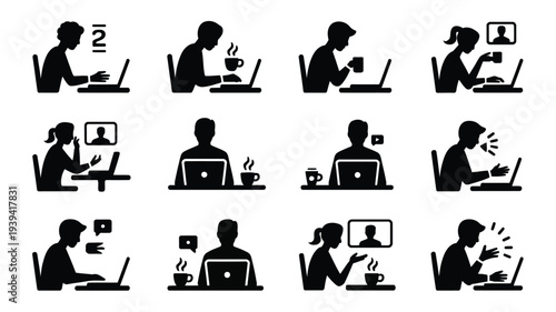 Black silhouettes of people working on laptops with coffee cups in various office settings and emotions