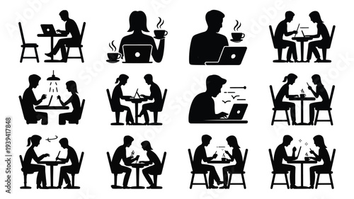 Vector illustration set of people working on laptops in coffee shop silhouettes