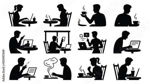 Silhouettes of people working on laptops and drinking coffee in various office settings and poses