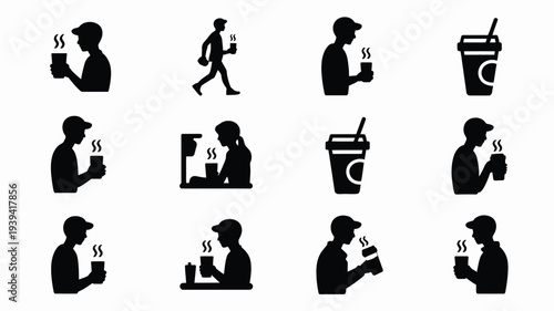 Vector bundle of 12 black silhouettes depicting people drinking coffee or tea in various scenarios