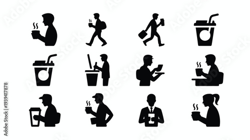 Silhouette icons of people drinking coffee working and commuting in various business and daily life situations