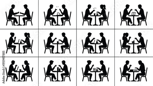 Black silhouette icons of people dining in various table settings and conversations