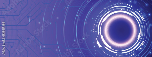 Futuristic Blue Technology Circuit Board Background with Glowing Digital HUD Circle Interface and Neon Data Lines - Abstract High Tech Banner