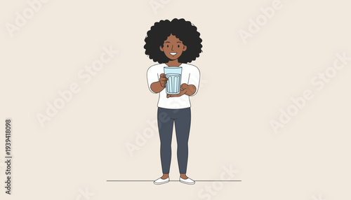 Happy African American Woman Holding Glass Container with Contented Expression