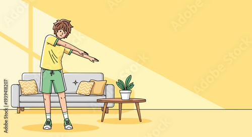 Man Doing Morning Stretching Exercise at Home Living Room Vector Illustration