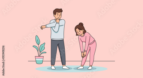Couple Doing Stretching Exercise Together Fitness Routine Vector Illustration