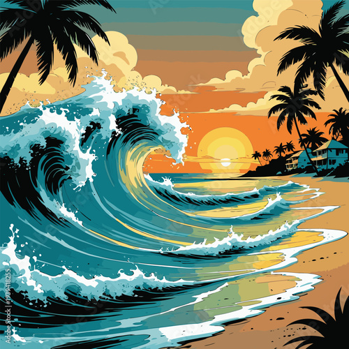 flat vector image of a cool beach view