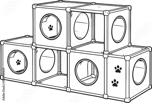 Stackable Modular Cat Storage Cubes Line Art Vector Illustration