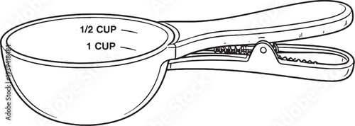 Pet Food Measuring Scoop With Clip Handle Black and White Line Art