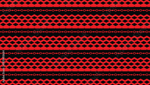 Seamless vector pattern featuring horizontal stripes of small, repeating red diamond shapes on a solid black background, ideal for modern graphic design, fabric prints, digital papers