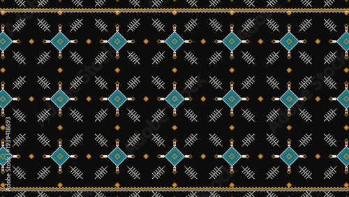 Elegant seamless vector pattern with teal diamond shapes, white geometric lines, and gold dots on a black background, ideal for fabric, textile, wallpaper, and digital design projects.