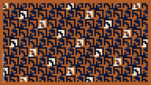 Abstract geometric pattern vector background with repeating dark blue, white, and beige angular shapes on a warm brown field, ideal for modern digital design, web banners, and textile prints