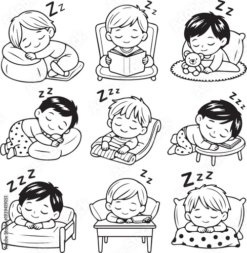 Cartoon group of smiling kids and adults vector icons illustration