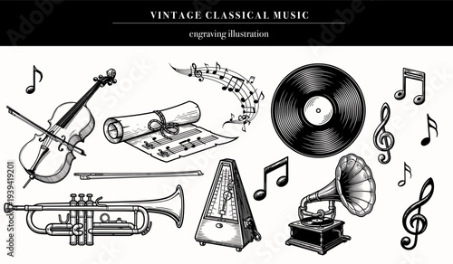 Vintage classical music illustration. Engraved hand drawn sketch, isolated on white background. Vector illustration