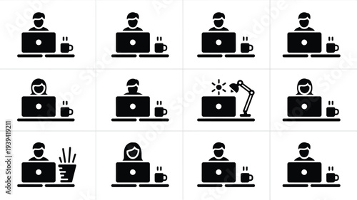 Vector illustration of people working on laptops with various emotions and actions in a grid layout
