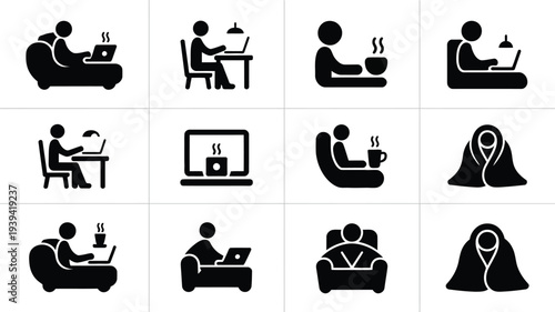 Vector illustration set of people working remotely from home or office with laptops and coffee
