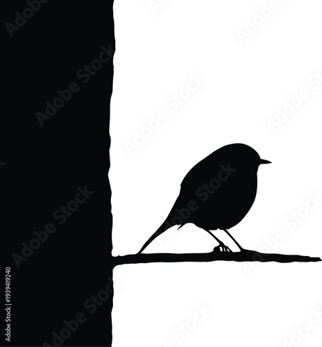 Small bird silhouette perched on branch beside tree trunk vector illustration isolated on light background, simple wildlife nature design for logo, icon and stencil