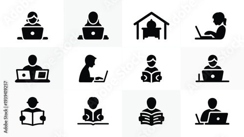 Black silhouette icons of people working studying and reading on laptops and books in various settings