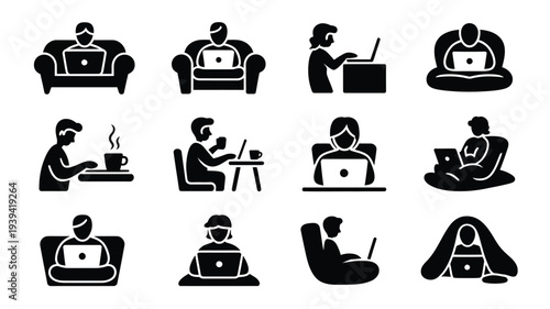 People working remotely on laptops in various home settings and poses vector icons