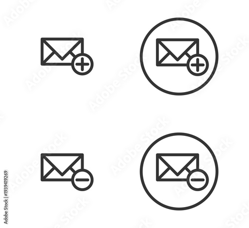 Envelope letter notification plus and minus line icons