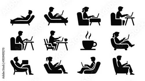 Vector illustration of people working remotely in various sitting positions with laptops and coffee