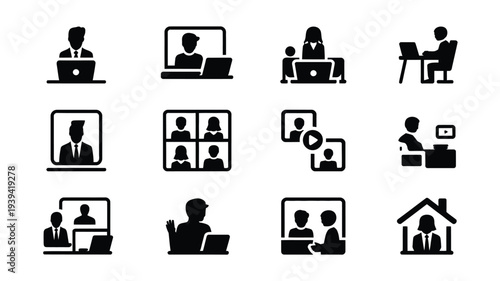 Vector icons of people working remotely with laptops and video calls in a modern office setting with white background