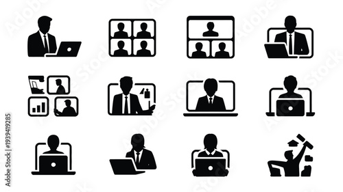 Black vector icons of businesspeople on laptops and video calls in a bundle