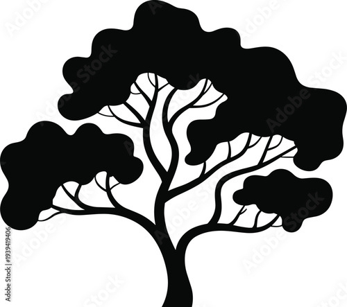 Stylized leafy tree silhouette vector illustration with curved branches and rounded canopy isolated on light background, natural landscape design element for logo, icon and stencil