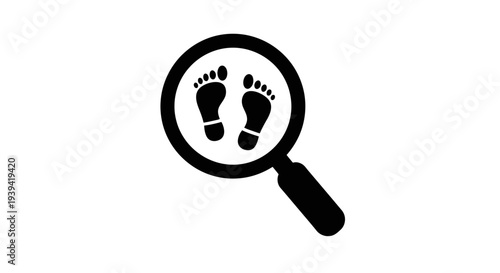 Magnifying Glass Discovering Human Footprints, Forensic Investigation Concept, isolated white background.