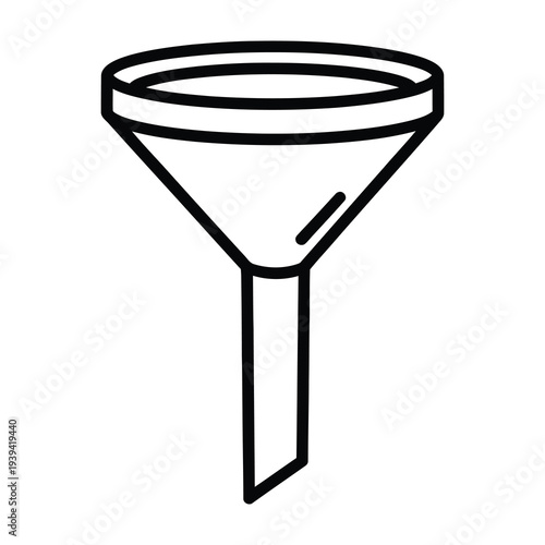 Simple black and white outline drawing of a laboratory funnel a conical laboratory instrument used to channel liquid or fine grained solid substances into containers with a narrow opening isolated