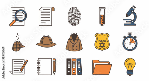 Detective and Forensic Science Themed Icons Set, isolated white background.