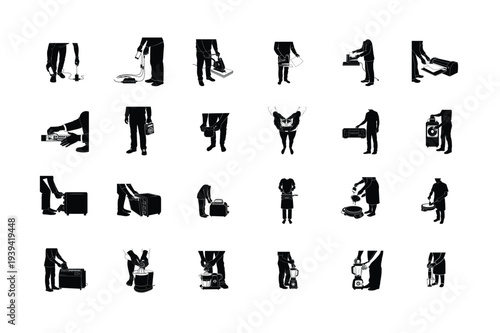 Headless People Using Tools Black Silhouette Icons Collection Vector Set