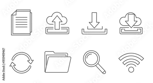 Cloud Computing and Data Management Outline Icons Set, isolated white background.