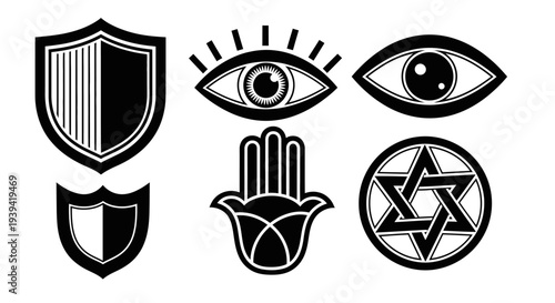 Security, Protection and Spirituality Symbol Icons Set, isolated white background.