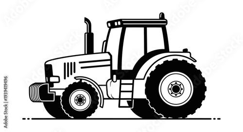 Silhouette of a modern farm tractor in front side view, representing contemporary agricultural machinery and technology, isolated white background.