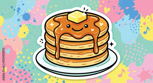 pancake stack with syrup smile vector illustration, clean lines, bold outline, high contrast colors.eps