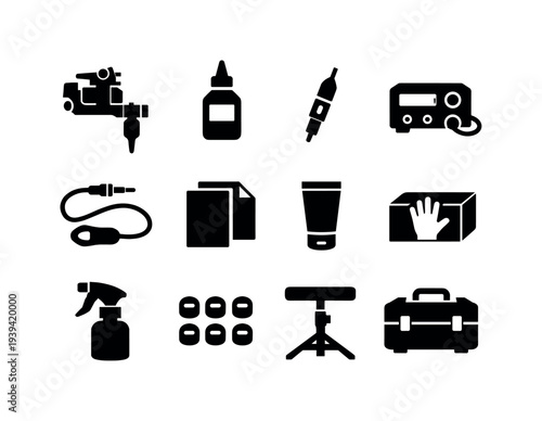 Collection of black icons representing tattoo artist tools and supplies on a white background
