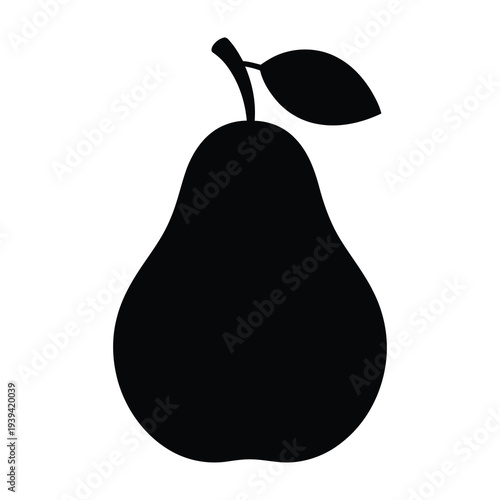 Bold black silhouette of a ripe pear with stem and leaf isolated on a clean white background evoking simplicity and natural form with a modern graphic appeal for design projects
