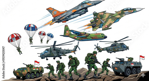 Indonesian Air Force Military Vector Illustration Set, Fighter Jet, Transport Aircraft, Helicopter, Paratrooper, and Armored Vehicle Isolated on White.
