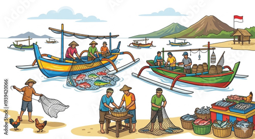Traditional Indonesian Fishermen Activity Vector Illustration, Wooden Boat Jukung, Catching Fish with Net, Tropical Coastline and Fish Market.
