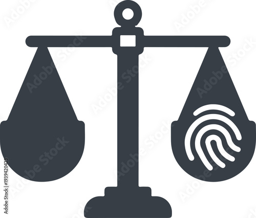Justice scale and fingerprint vector icon symbolizing law enforcement, legal system, identity verification, forensic investigation, security and digital justice.