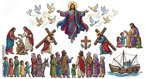 Jesus Christ Life Scenes Vector Illustration Set, The Good Shepherd, Carrying Cross, Resurrection, Blessing Children, and Biblical Stories