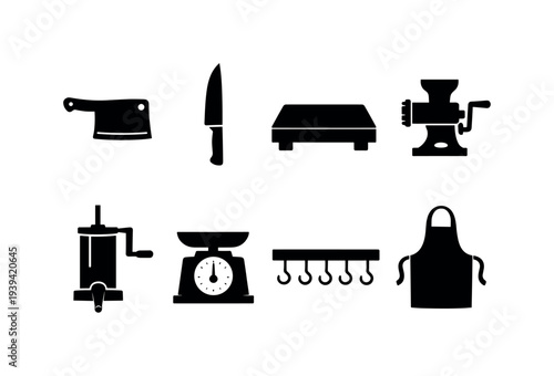 Collection of kitchen and butcher tools icons for food preparation and cooking