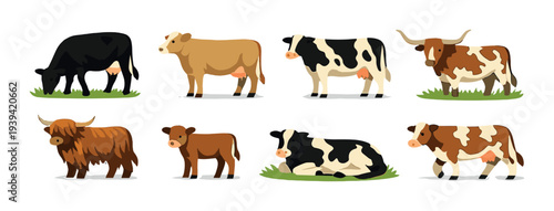 Eight stylized cows standing and lying on grass patches