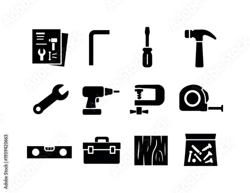 Collection of black icons representing various tools and hardware for construction and repair