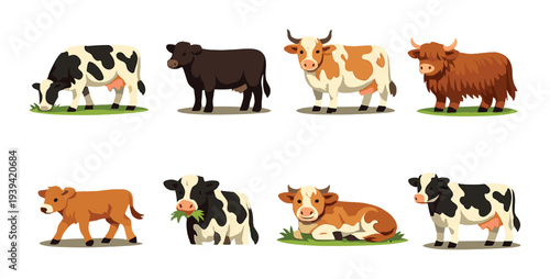 Eight illustrated cows in various poses on grass patches