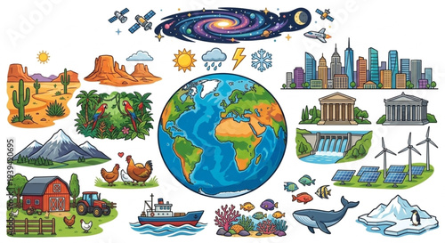 Earth Ecology and Planet Environment Vector Illustration Set, Global Landmark, Nature Landscape, Wildlife, Sustainable Energy, and Ocean Life.
