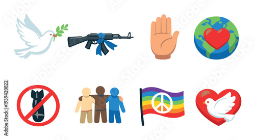 Peace and unity icons with symbols on dark gradient background